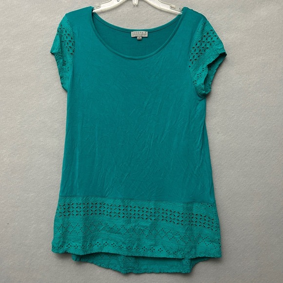 Joseph A. Tops - Joseph A. Womens Medium Top Teal Eyelet Lace Trim Boho Cottagecore Knit Blouse